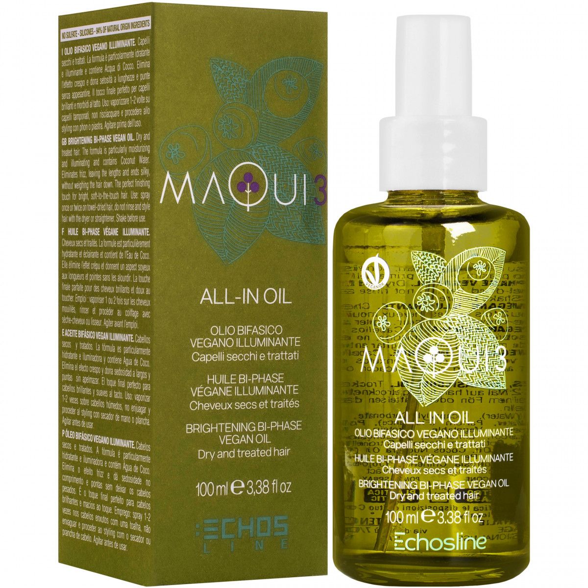 Echosline Maqui 3 All in One Oil - wegański olejek rozświetlający do włosów suchych, 100ml