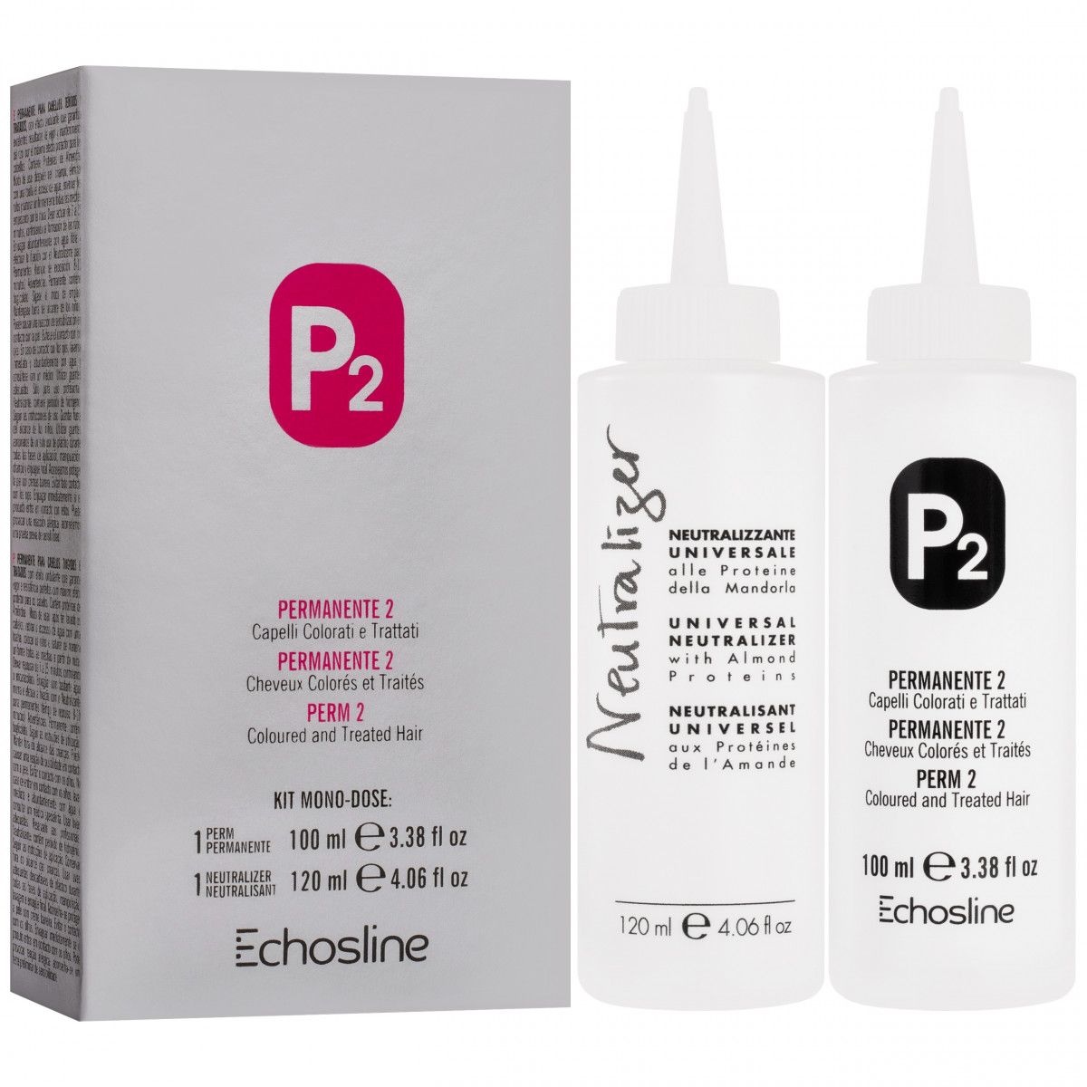 Echosline P2 Perm 2 – zestaw do trwałej ondulacji do włosów farbowanych i zniszczonych, 120+100 ml